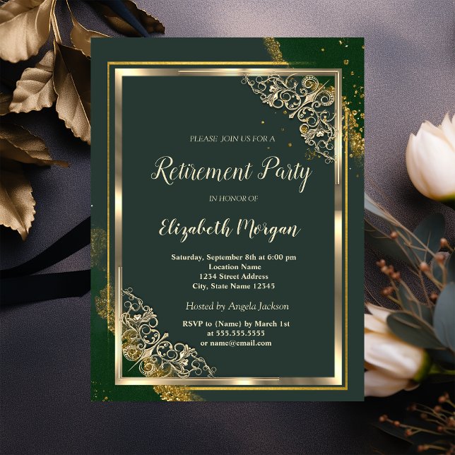 Festive Gold Frame Green Retirement Invitation (Creator Uploaded)
