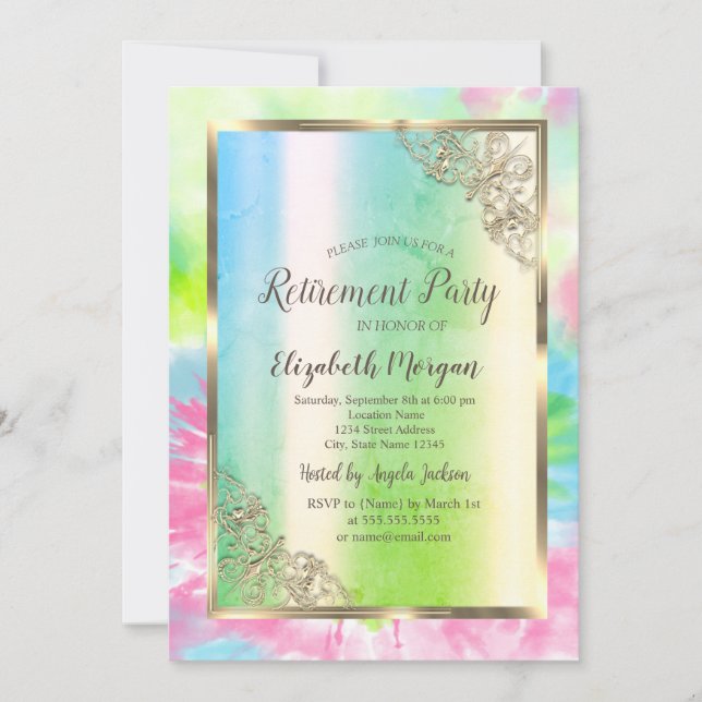 Festive Gold Frame,Green,Tie Dye Retirement Invitation (Front)