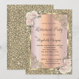 Festive Gold Frame,Roses,Glitter Retirement Invitation