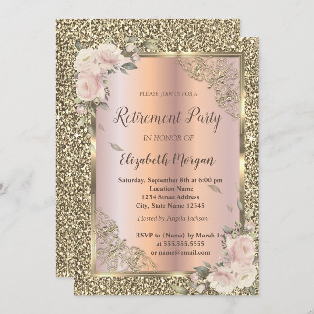 Festive Gold Frame,Roses,Glitter Retirement Invitation (Front/Back)
