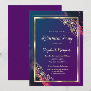 Festive Gold Frame Violet Retirement Invitation