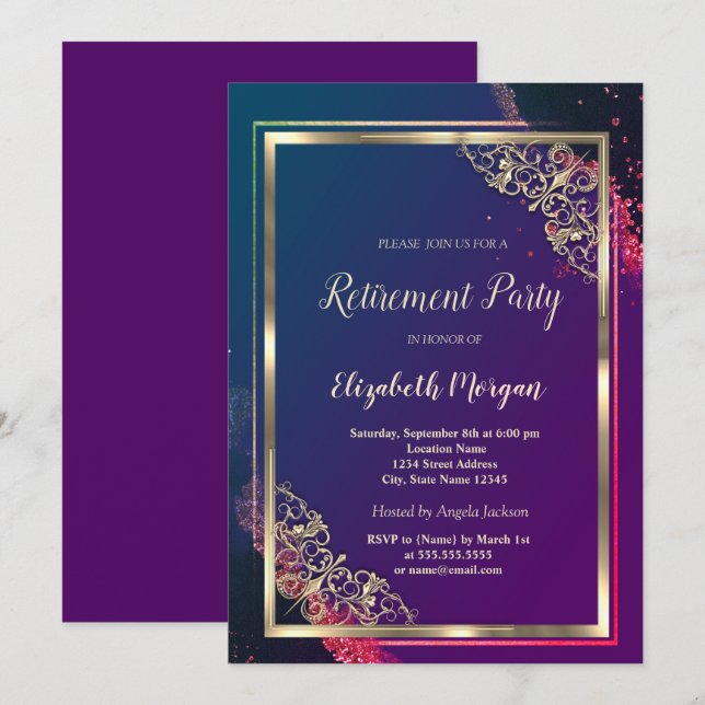 Festive Gold Frame Violet Retirement Invitation (Front/Back)
