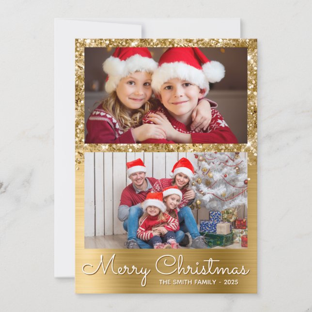 Festive Gold Glam 2 Photo Collage Holiday Card (Front)