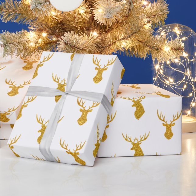 Festive Gold Glitter Christmas Reindeer Wrapping Paper (Holidays)