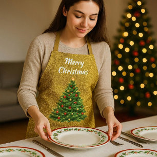 Festive Gold Glitter Christmas Tree Holiday Party Apron