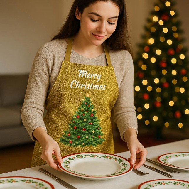 Festive Gold Glitter Christmas Tree Holiday Party Apron (Gold glitter with Christmas tree  holiday apron for dinner  party hostess. A thoughtful gift idea )