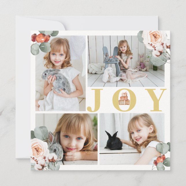 Festive Gold Joy Christmas Greenery Photo Card (Front)