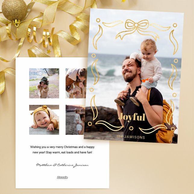 Festive Gold Line Drawn Ribbon Frame 1-Photo Holiday Card (Creator Uploaded)