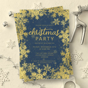 Festive Gold Navy Foil Snowflakes Christmas Invitation