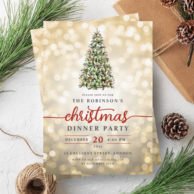 Festive Gold Pine Tree Lights Christmas Party  Invitation (Festive Gold Pine Tree Lights Christmas Party Invitation)