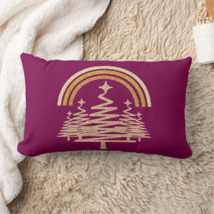 Festive Gold Rainbow Sparkling Fir Trees Lumbar Cushion