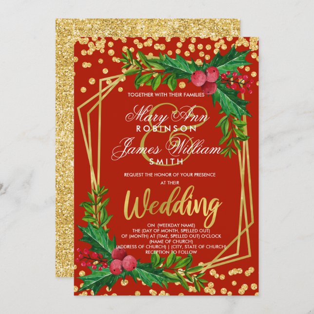 Festive Gold Red Holiday Christmas Wedding Holly Invitation (Front/Back)