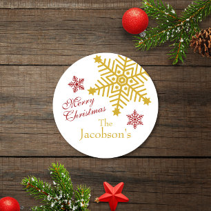 Festive Gold Red Merry Christmas Snowflakes Classic Round Sticker