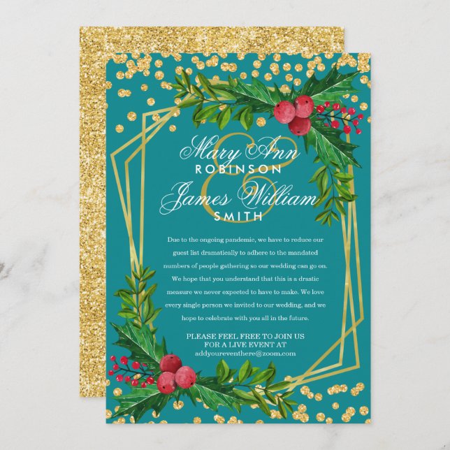 Festive Gold Reduced Christmas Wedding Holly Teal Invitation (Front/Back)
