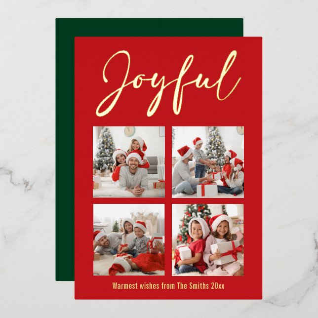 Festive Gold Script JOYFUL Modern Red Photo (Front/Back)