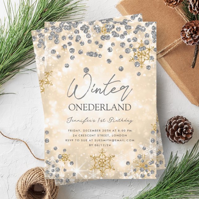 Festive Gold Silver Winter ONEDERLAND 1st Birthday Invitation (Festive Gold Silver Winter ONEDERLAND 1st Birthday Invitation)