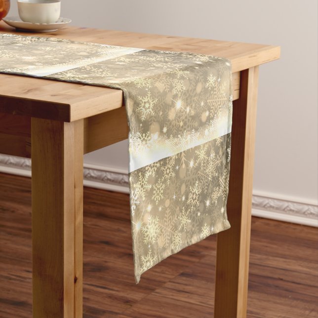 Festive Gold Sparkle Snowflakes with Snow Short Table Runner (In Situ)