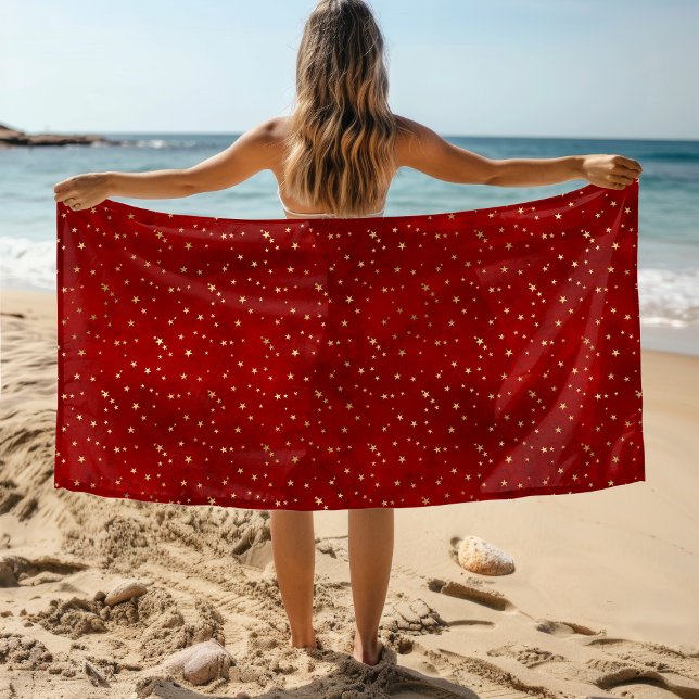 Festive Gold Star Burgundy Red Beach Towel (Creator Uploaded)