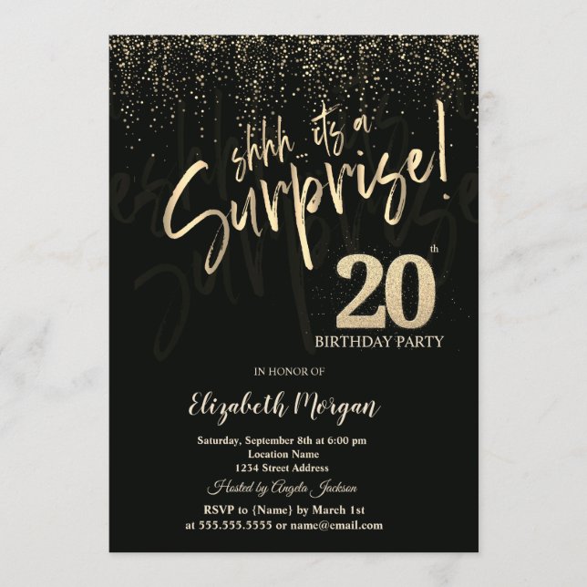 Festive Gold Surprise 20th Birthday Party Invitation (Front)