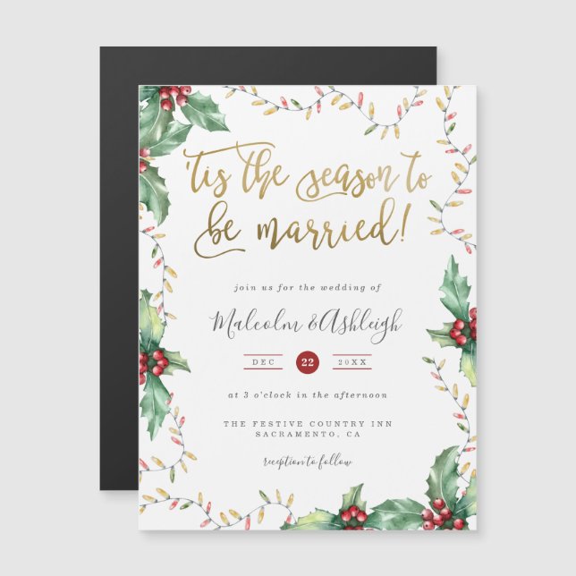 Festive Gold 'Tis The Season Christmas Wedding Magnetic Invitation (Front/Back)