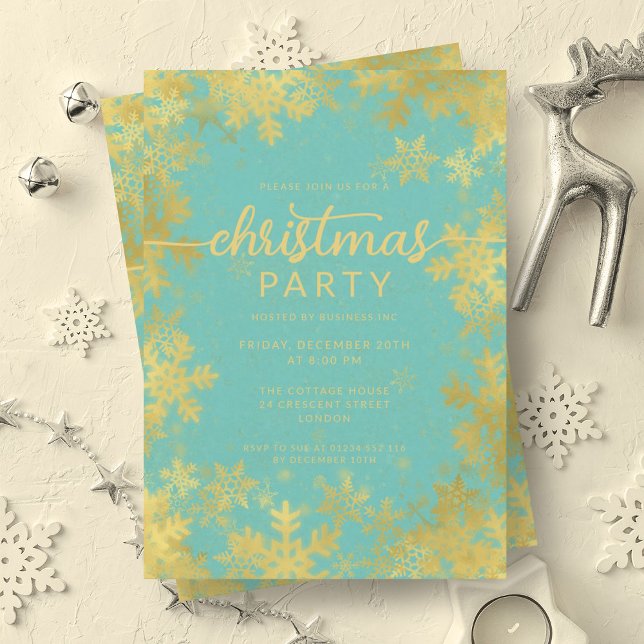 Festive Gold Turquoise Foil Snowflakes Christmas  Invitation (Festive Gold Turquoise Foil Snowflakes Christmas Invitation)
