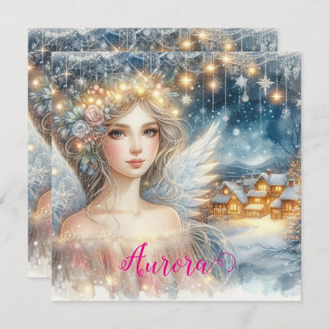 Festive Gold Watercolor Ethereal Frost Snow Angel Holiday Card (Front/Back)