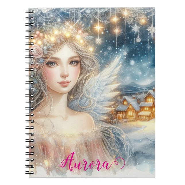 Festive Gold Watercolor Ethereal Frost Snow Angel Notebook (Front)