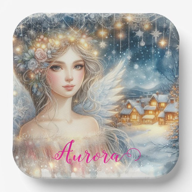 Festive Gold Watercolor Ethereal Frost Snow Angel Paper Plate (Front)
