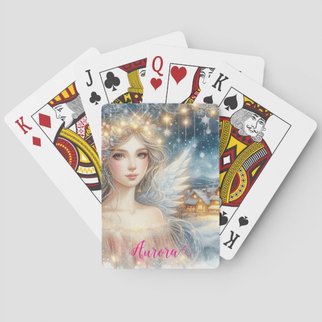 Festive Gold Watercolor Ethereal Frost Snow Angel Playing Cards (Back)