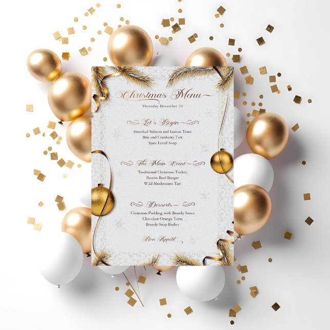 Festive Gold & White Christmas Dinner Menu Invitation (Creator Uploaded)