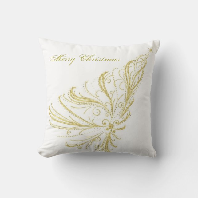 Festive Gold White Merry Christmas Throw Pillow (Front)