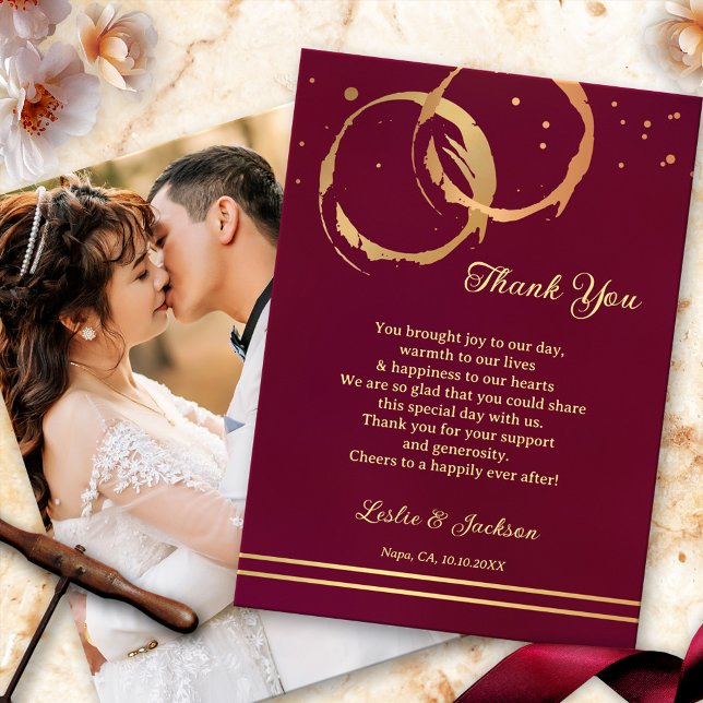 Festive Gold Wine Wedding Photo  Thank You Card (Creator Uploaded)