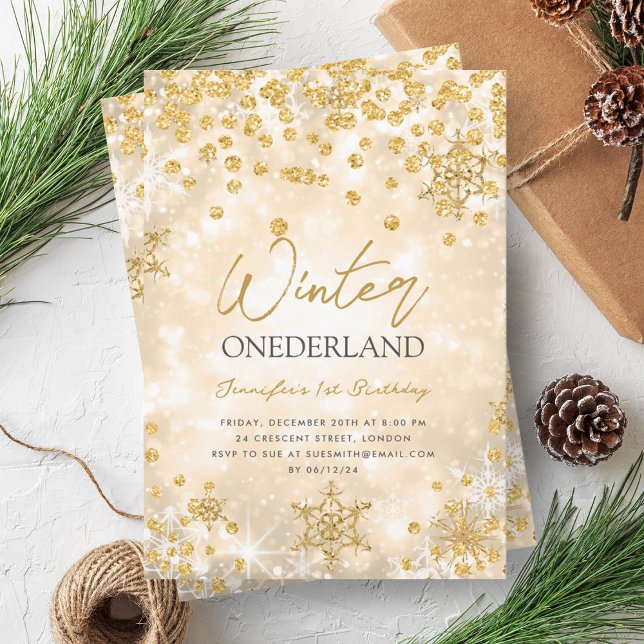 Festive Gold Winter ONEDERLAND 1st Birthday Invitation (Festive Gold Winter ONEDERLAND 1st Birthday Invitation)