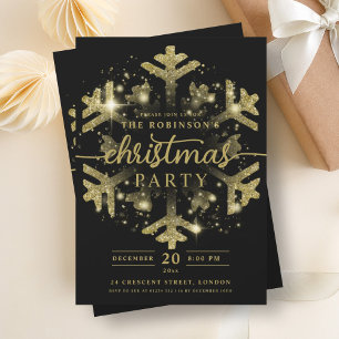 Festive Gold Winter Snowflake Christmas Black Invitation