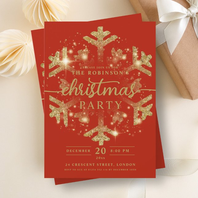 Festive Gold Winter Snowflake Christmas Red  Invitation (Festive Gold Winter Snowflake Christmas Red Invitation)