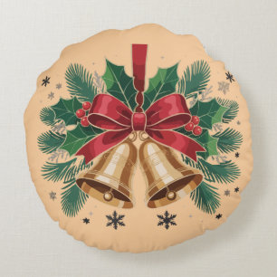 Festive Golden Christmas Bells Decorative Throw Round Cushion