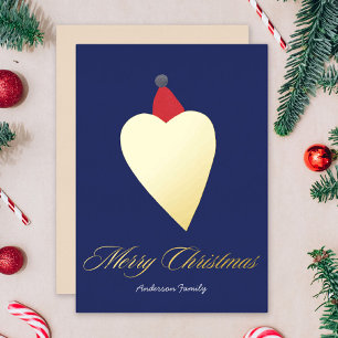 Festive Golden Heart with Christmas Hat Dark Blue