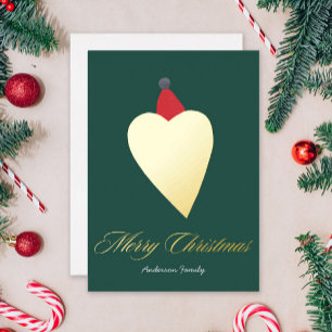 Festive Golden Heart with Christmas Hat Green