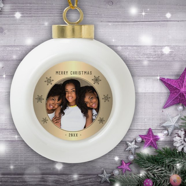 Festive Golden Metallic Snowflake Family Photo Ceramic Ball Christmas Ornament (Creator Uploaded)