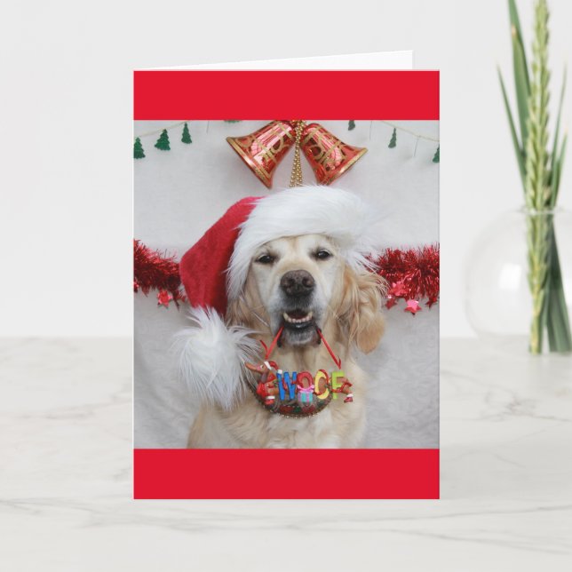 Festive Golden Retriever holding Christmas 'Woof' Holiday Card (Front)