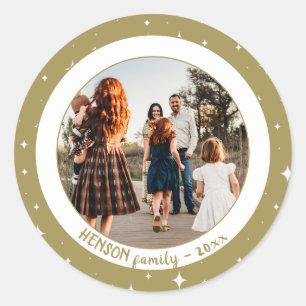 Festive Golden Stars Christmas Family Photo Classic Round Sticker