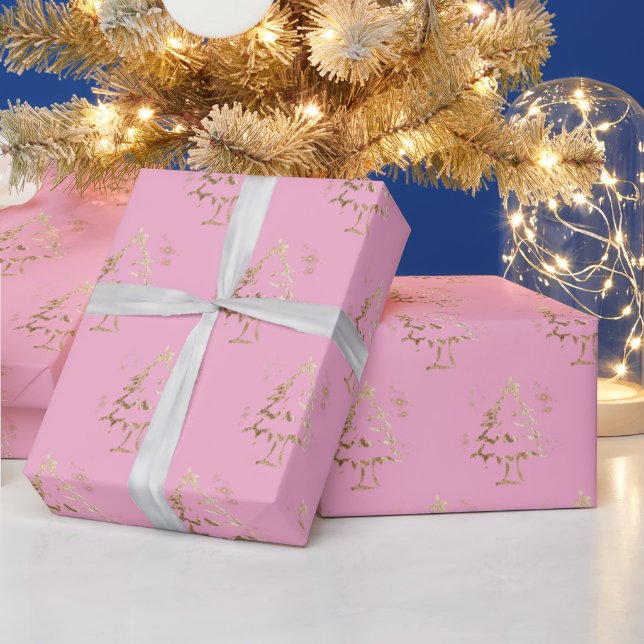 Festive Golden Tree on Light Pink Christmas Wrapping Paper (Holidays)