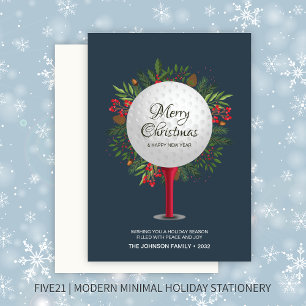 Festive Golf Tee Shot Christmas Greenery Holiday Card