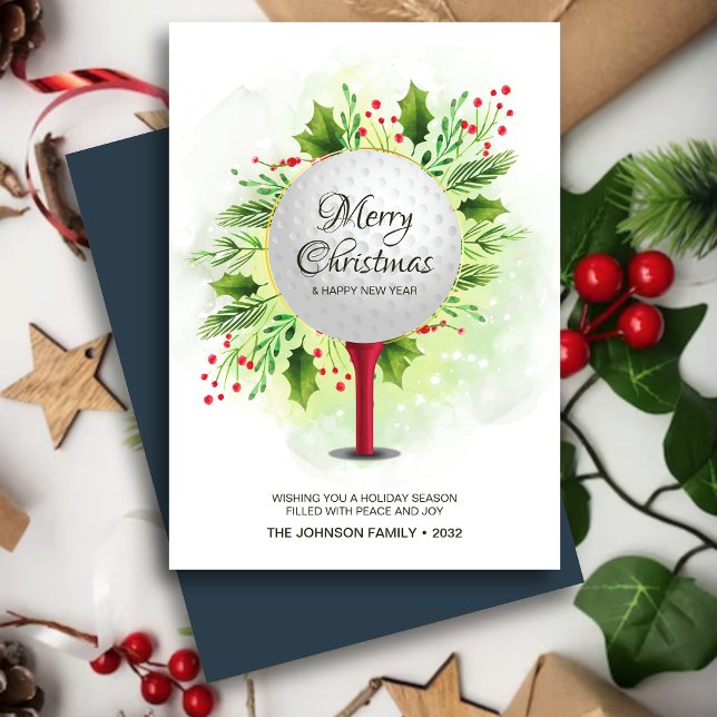 Festive Golf Tee Shot Christmas Greenery Holiday Card (Creator Uploaded)