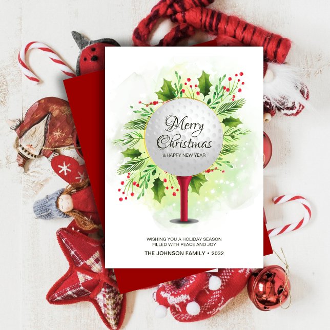 Festive Golf Tee Shot Christmas Greenery Holiday Card (Creator Uploaded)