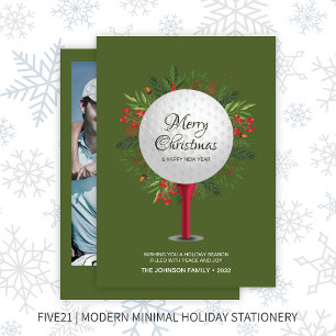 Festive Golf Tee Shot Christmas Greenery Photo Holiday Card