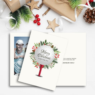 Festive Golf Tee Shot Christmas Greenery Photo Holiday Card