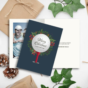 Festive Golf Tee Shot Christmas Greenery Photo Holiday Card