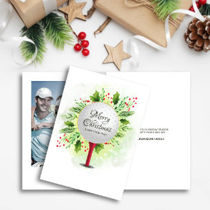 Festive Golf Tee Shot Christmas Greenery Photo Holiday Card
