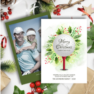 Festive Golf Tee Shot Christmas Greenery Photo Holiday Card
